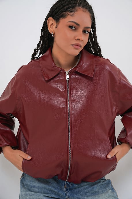 Überdimensionale F faux Leder Reißverschlussjacke - Image 4