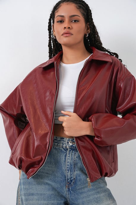 Überdimensionale F faux Leder Reißverschlussjacke - Image 5