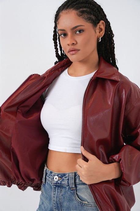 Überdimensionale F faux Leder Reißverschlussjacke - Image 6