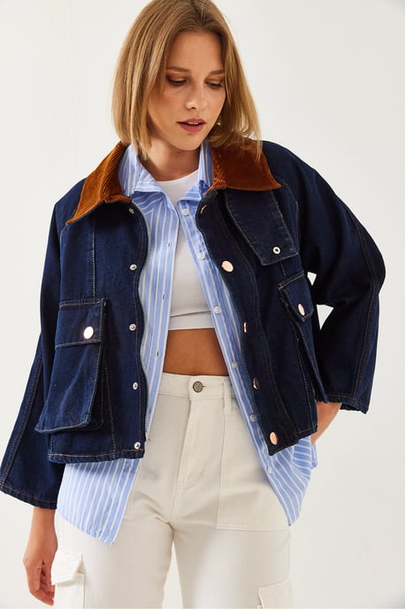 Denim-Hemdjacke mit Samtkragen - Image 2