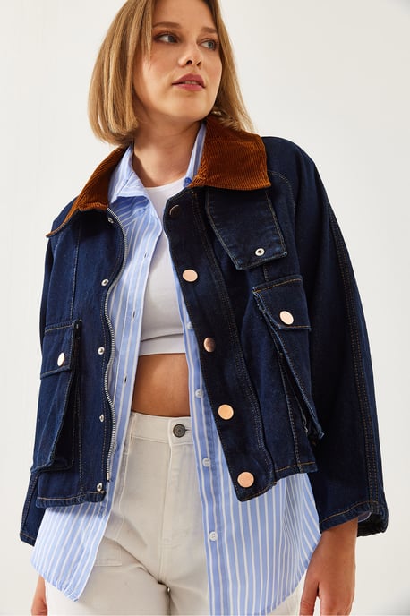 Denim-Hemdjacke mit Samtkragen - Image 3