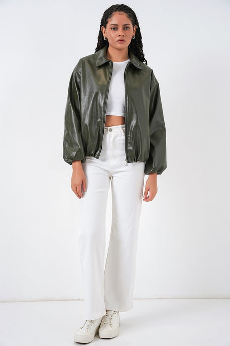Übergroße Kunstleder-Zipperjacke - Image 2