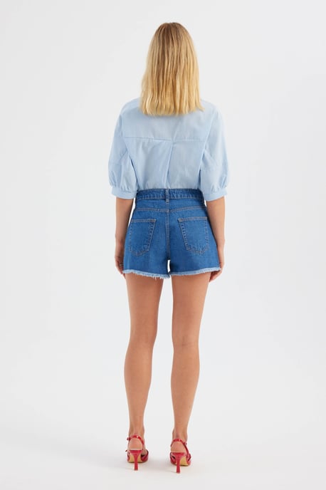 Denim Einfarbige Hohe Taille Shorts - Image 4