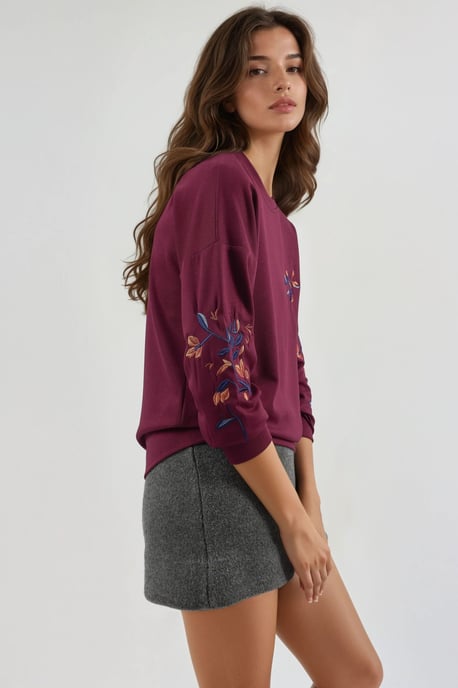 Modal Touch Rundhals Bestickter Pullover - Image 2