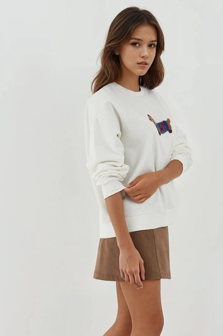 Übergroßer Rundhalsausschnitt Bestickter Baumwollpullover - Image 2