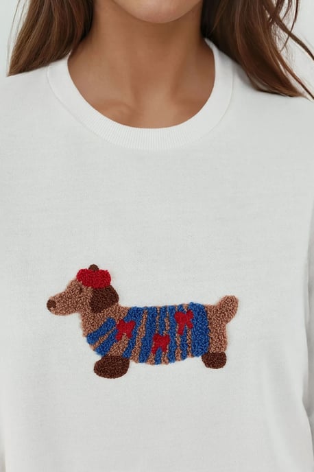 Übergroßer Rundhalsausschnitt Bestickter Baumwollpullover - Image 3