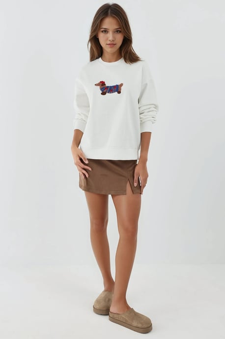Übergroßer Rundhalsausschnitt Bestickter Baumwollpullover - Image 4