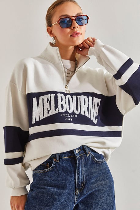 Oversized Reißverschluss-Kragen-Sweatshirt mit Motto-Print - Image 1