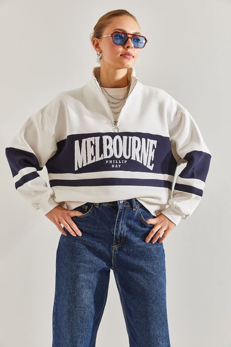 Oversized Reißverschluss-Kragen-Sweatshirt mit Motto-Print - Image 3