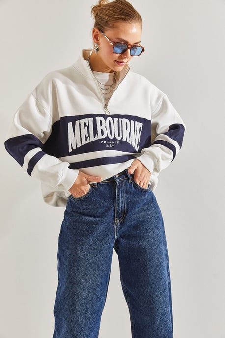 Oversized Reißverschluss-Kragen-Sweatshirt mit Motto-Print - Image 4