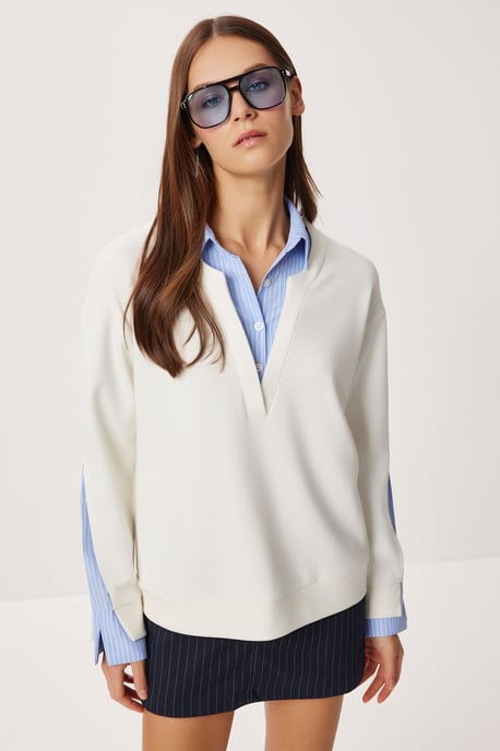 V-Ausschnitt Langarm-Sweatshirt mit Popeline-Detail - Image 3