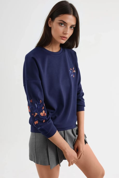 Modal Touch Rundhals Bestickter Pullover - Image 2
