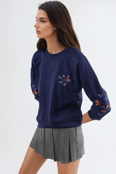 Modal Touch Rundhals Bestickter Pullover - Image 4