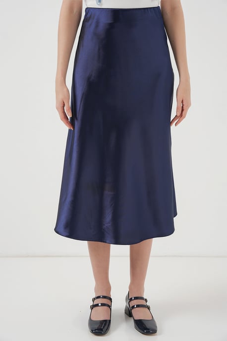 Satin A-Linien Midi-Rock mit elastischem Bund - Image 1