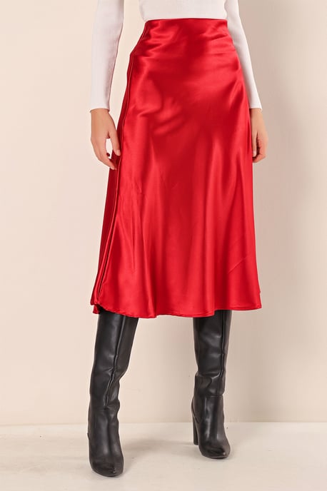 Satin A-Linie Elastischer Taillen-Midi-Rock - Image 2