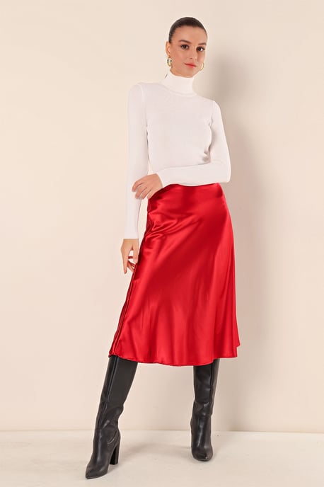 Satin A-Linie Elastischer Taillen-Midi-Rock - Image 3