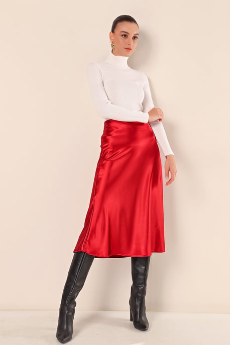 Satin A-Linie Elastischer Taillen-Midi-Rock - Image 4