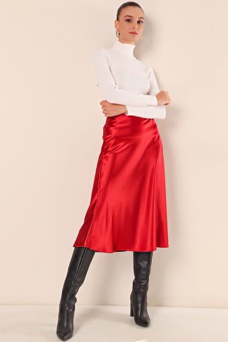 Satin A-Linie Elastischer Taillen-Midi-Rock - Image 5