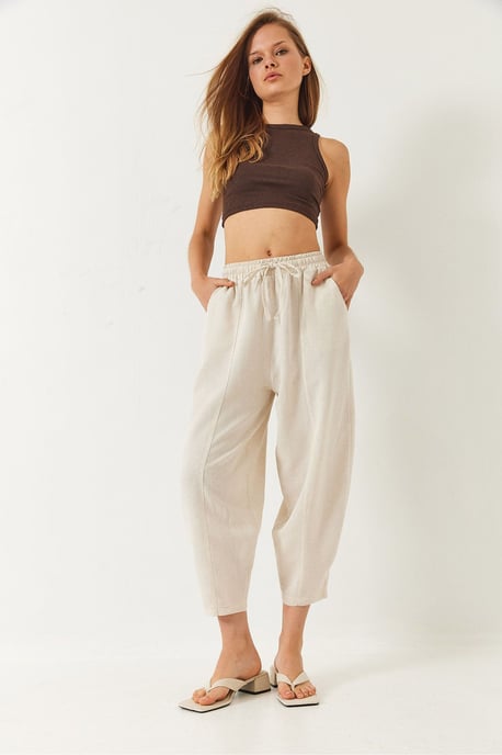 Weite Beinform Knöchellange Baumwollhose mit Taschen - Image 2