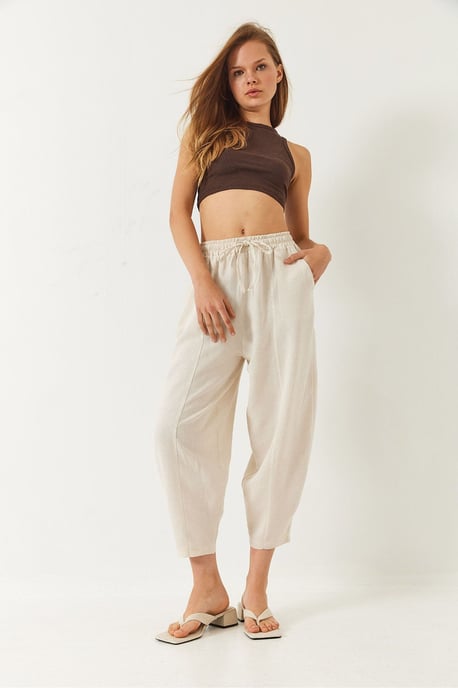 Weite Beinform Knöchellange Baumwollhose mit Taschen - Image 3