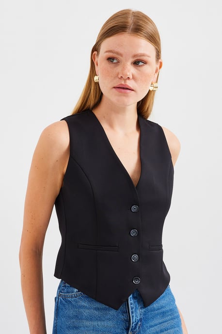 Fitted Buttoned V-Ausschnitt Weste mit Paspeltasche - Image 2