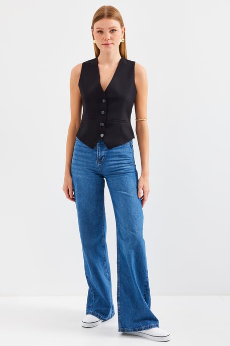 Fitted Buttoned V-Ausschnitt Weste mit Paspeltasche - Image 3