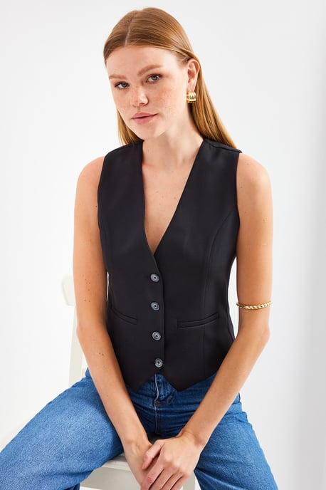 Fitted Buttoned V-Ausschnitt Weste mit Paspeltasche - Image 4