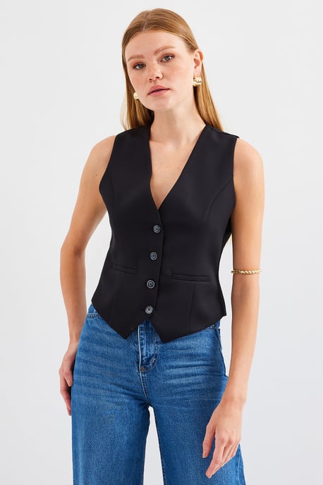 Fitted Buttoned V-Ausschnitt Weste mit Paspeltasche - Image 5