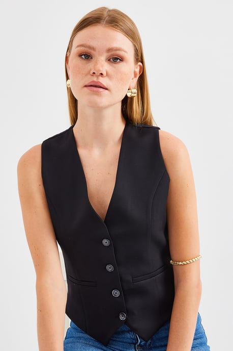 Fitted Buttoned V-Ausschnitt Weste mit Paspeltasche - Image 6