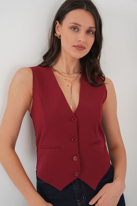 Fitted Buttoned V-Ausschnitt Weste mit Paspeltasche - Image 1