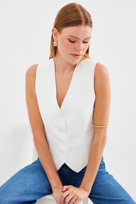 Fitted Buttoned V-Ausschnitt Weste mit Paspeltasche - Image 4