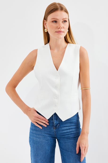 Fitted Buttoned V-Ausschnitt Weste mit Paspeltasche - Image 5