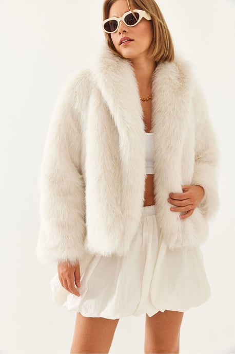 Faux Fur Verkürzter Offener Kragenmantel - Image 2