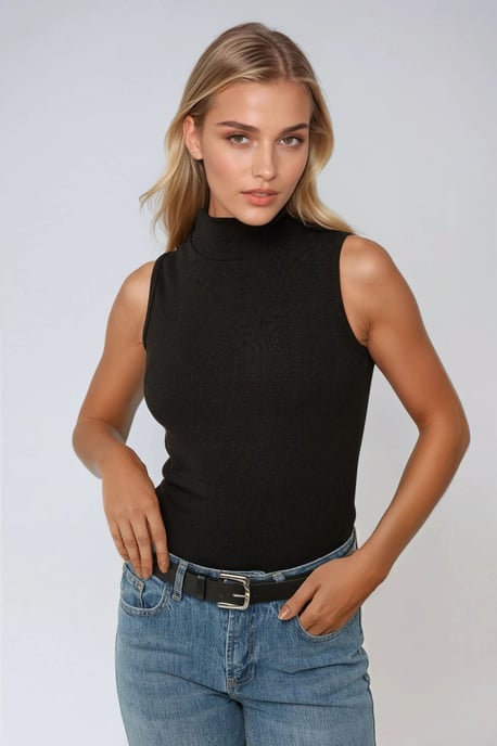 Gestreifter ärmelloser Stricktop mit halber Stehkragen und taillierter Passform - Image 2