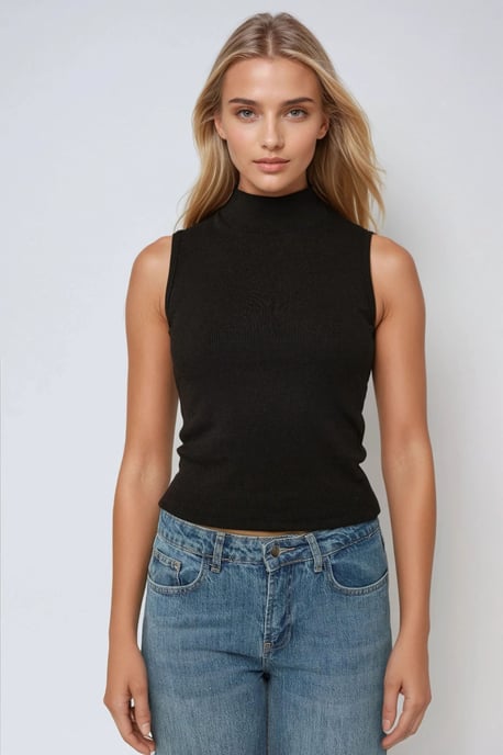 Gestreifter ärmelloser Stricktop mit halber Stehkragen und taillierter Passform - Image 4