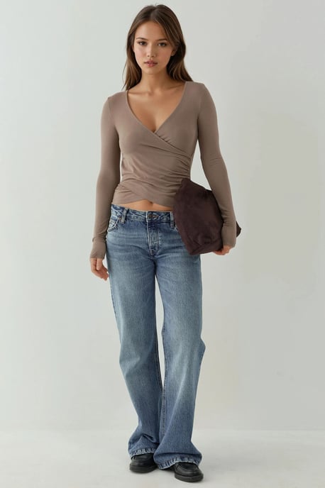 Slim Fit Soft Touch V-Ausschnitt Langarmtop - Image 4