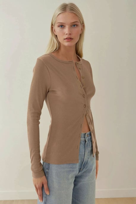 Langarm-Strick-Cardigan mit geripptem Muster und Knopfleiste am Rundhalsausschnitt - Image 2