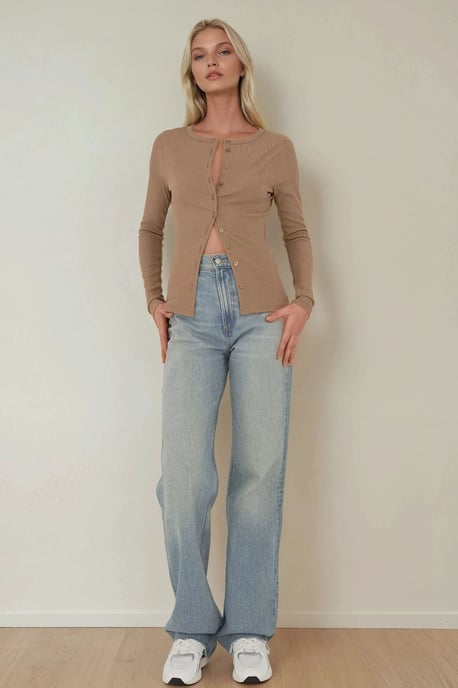 Langarm-Strick-Cardigan mit geripptem Muster und Knopfleiste am Rundhalsausschnitt - Image 3