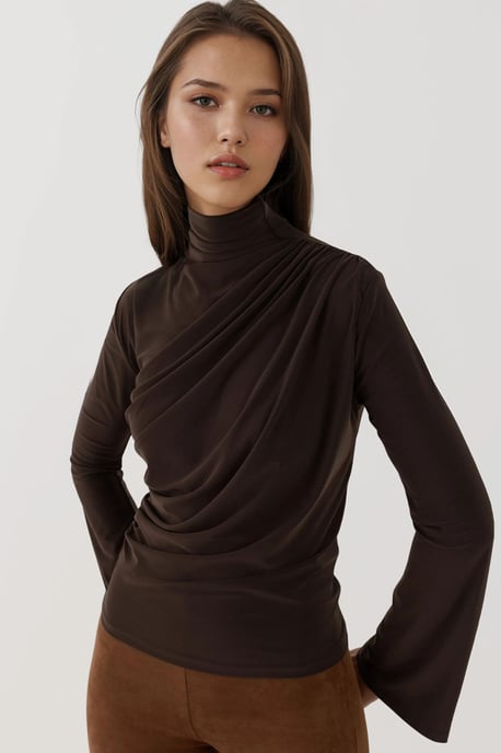 Drapierter Halbrollkragen Langarm Slim Fit Top - Image 2