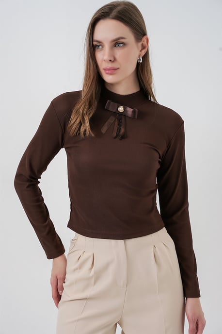 Figurbetontes Langarm-Halbkragenbluse mit Schleifendetail - Image 1