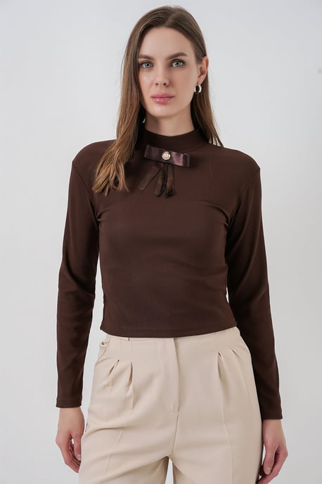 Figurbetontes Langarm-Halbkragenbluse mit Schleifendetail - Image 2