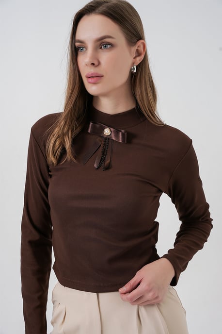 Figurbetontes Langarm-Halbkragenbluse mit Schleifendetail - Image 3