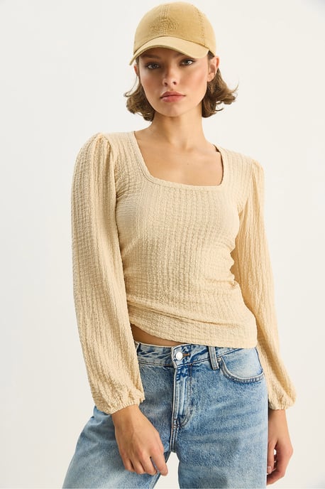 Schmale Passform Bluse mit quadratischem Kragen und Textur - Image 3