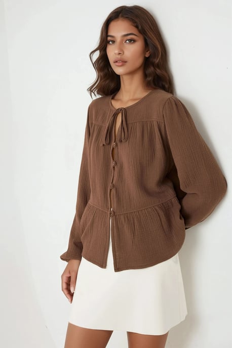 Kreuzkragen Langarm Woven Musselin Bluse - Image 2
