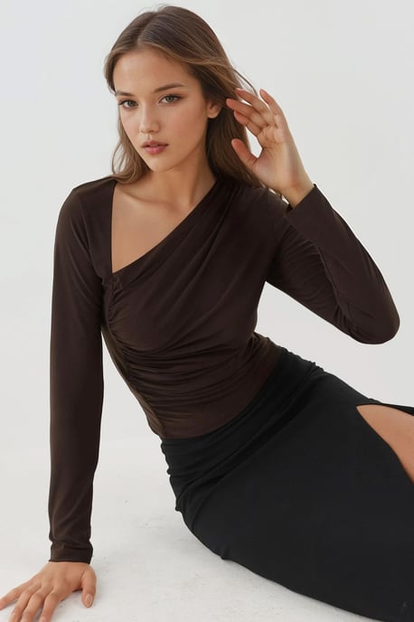 Asymmetrischer Kragen Langarm Weiches Strickoberteil - Image 1