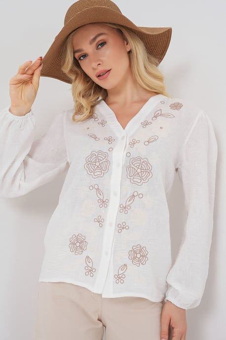 Bestickte V-Ausschnitt Knopfbluse - Image 3