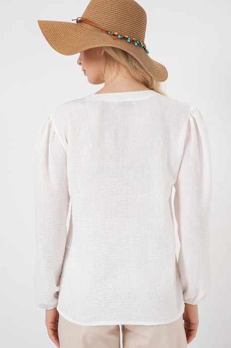 Bestickte V-Ausschnitt Knopfbluse - Image 6