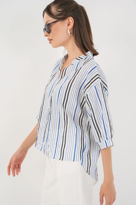 Gestreifte V-Ausschnitt-Bluse - Image 3
