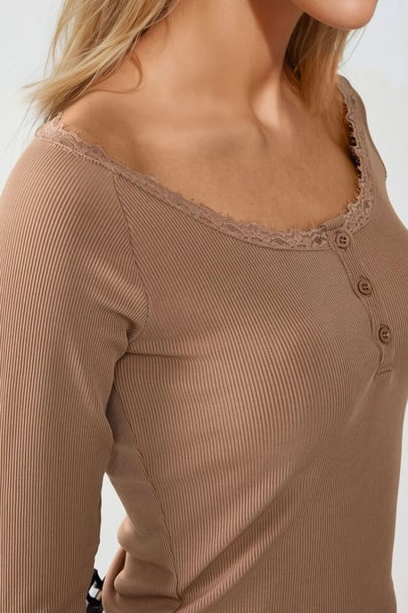 Schlank geschnittenes Oberteil mit Spitzen-Detail und langen Ärmeln - Image 2