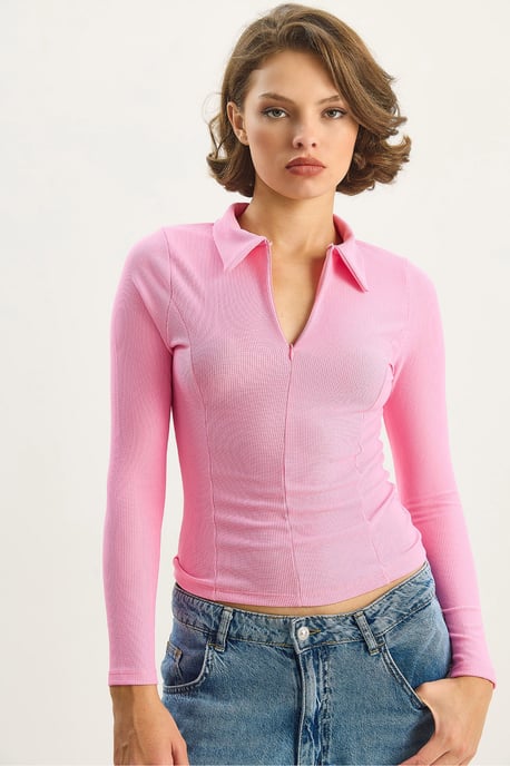 Bianco Lucci Slim-fit Bluse mit Reißverschlusskragen - Rosa - Image 2